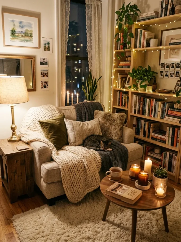 Warm small apartment living room with layered throws, soft rug, ambient lighting, and cozy neutral decor.