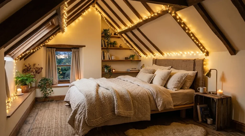 Attic bedroom with sloped ceilings, fairy lights along the roofline, low bed, layered blankets, cream walls, and wooden beams.