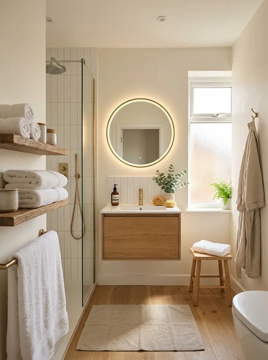 Small bathroom makeover with soft lighting, neutral tones, and neatly styled towels creating a calm, airy, and luxurious spa-like space