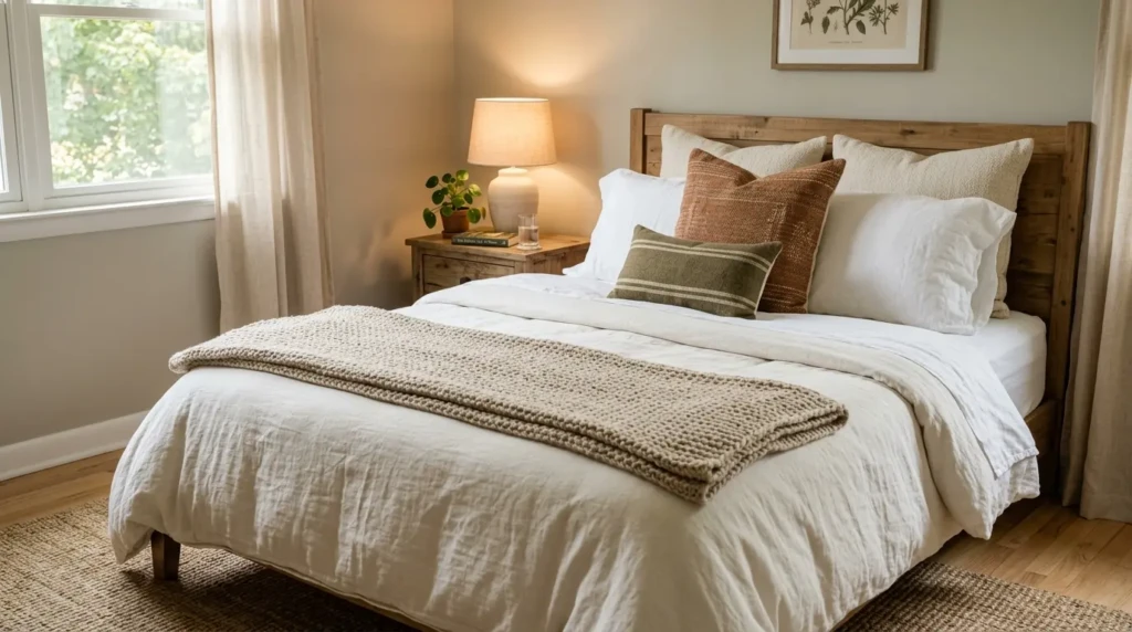 Bed with crisp sheets, layered pillows, textured duvet, and soft throw blanket.