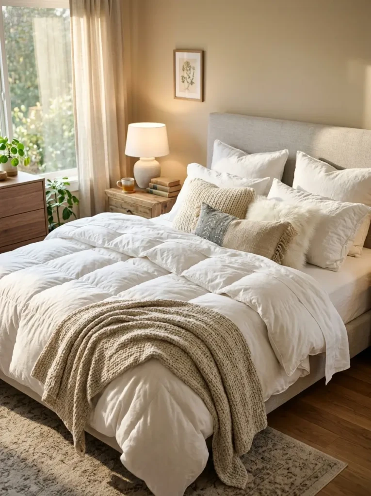 A fluffy bed with layered pillows, soft duvet, and textured throw in a cozy modern bedroom setting