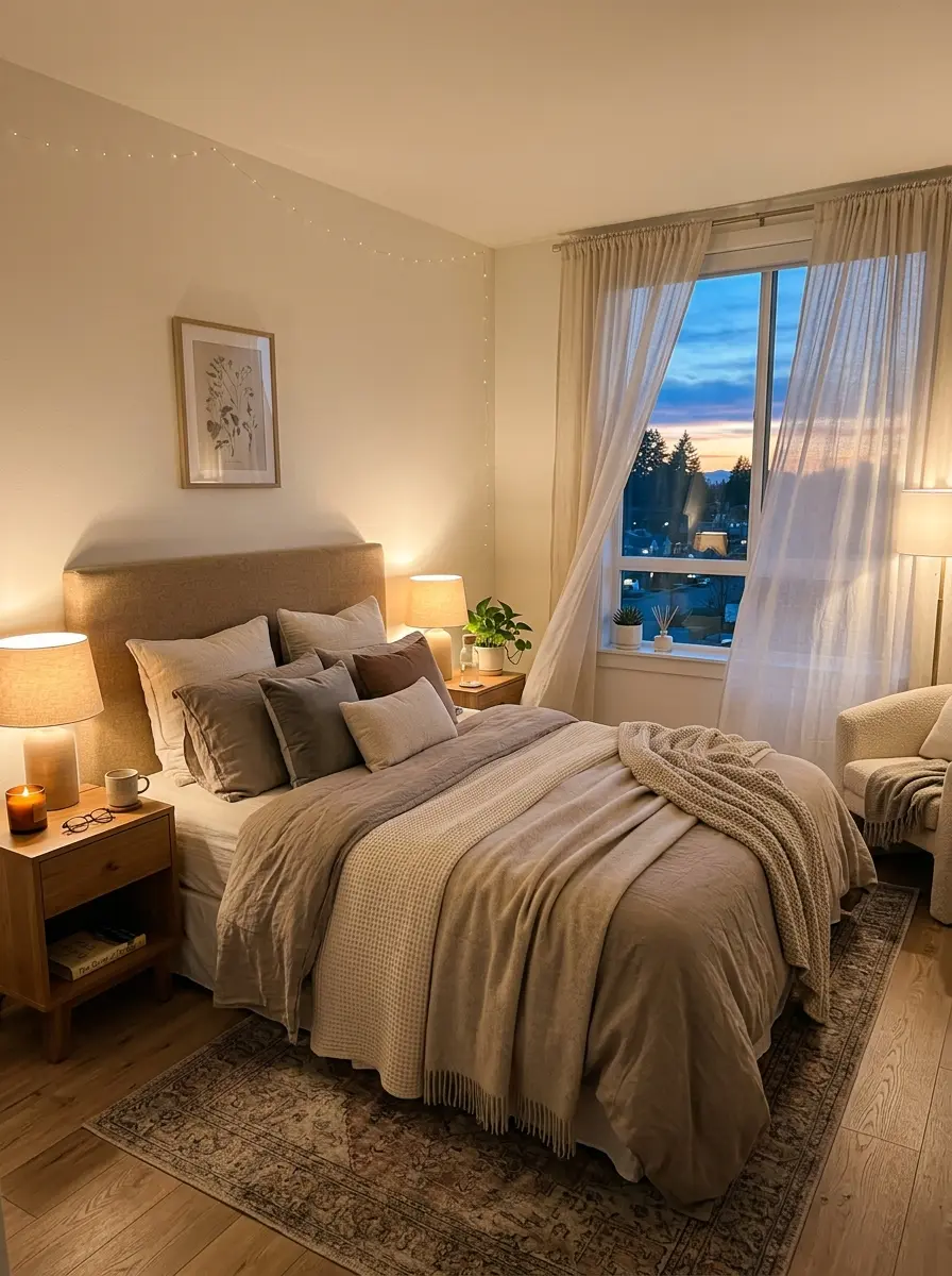 A cozy bedroom with warm lighting, sheer curtains, and a plush layered bed creating a calm and inviting atmosphere.