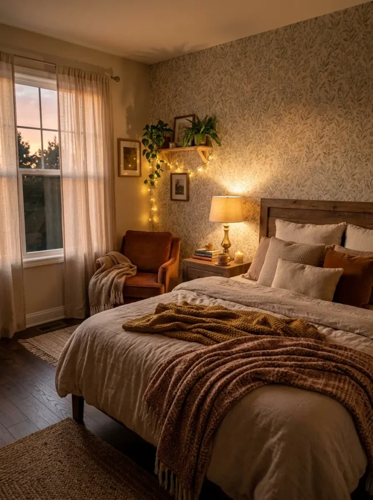 A cozy bedroom with warm ambient lighting, soft bedding, and a stylish wallpapered wall creating a relaxing atmosphere