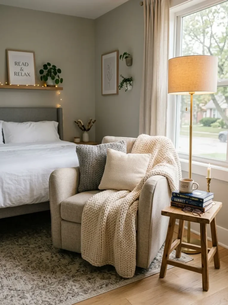 A cozy bedroom reading corner with an accent chair, soft blanket, side table, books, and warm floor lamp lighting.