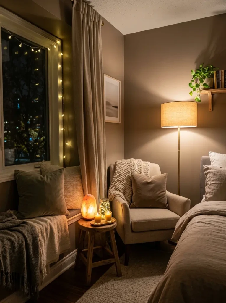 A cozy bedroom corner with a floor lamp, glowing candles, fairy lights, and a relaxing warm nighttime ambiance.