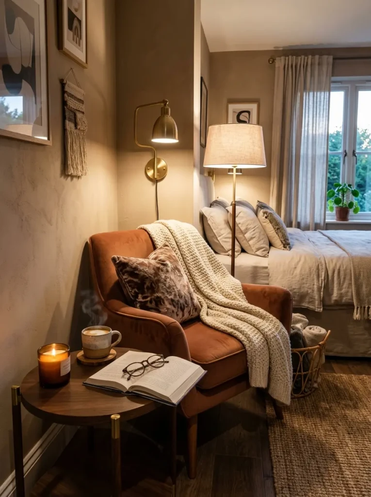 A stylish bedroom corner with a comfortable chair, soft blanket, and warm inviting decor