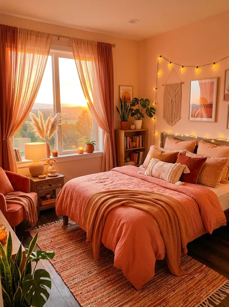 A glowing color full bedroom with warm peach, coral, and orange tones creating a cozy sunset vibe