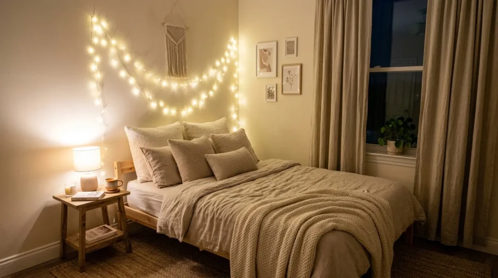 Small cozy bedroom with warm fairy lights, beige bedding, fluffy pillows, soft blanket, and minimal wooden decor creating a dreamy relaxing atmosphere.
