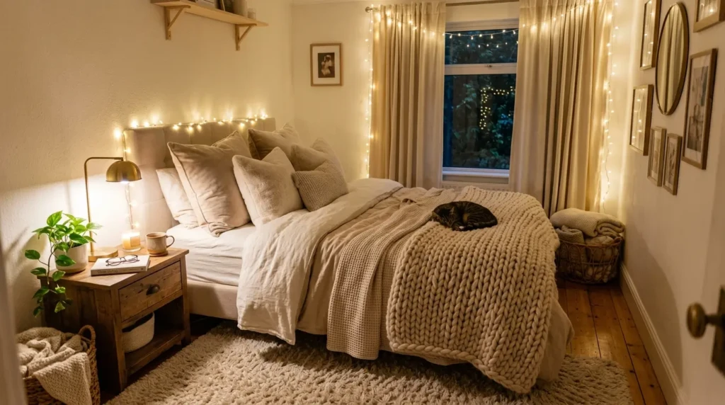 Cozy bedroom featuring layered bedding, oversized pillows, chunky knit blanket, plush rug, velvet curtains, and warm fairy lights.