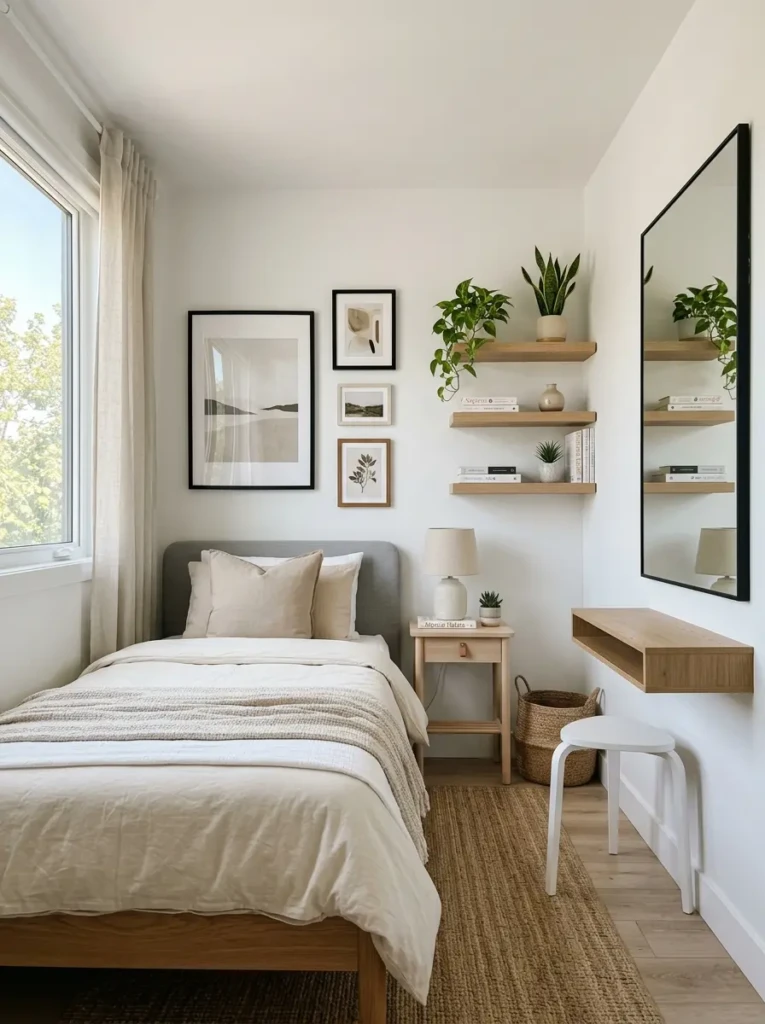 Small bedroom design using vertical wall posters, floating shelves, mirror, and neutral decor to create a spacious feel.