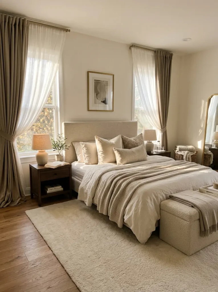Cozy bedroom with soft cream rug, long sheer curtains, blackout drapes, and elegant layered textures.