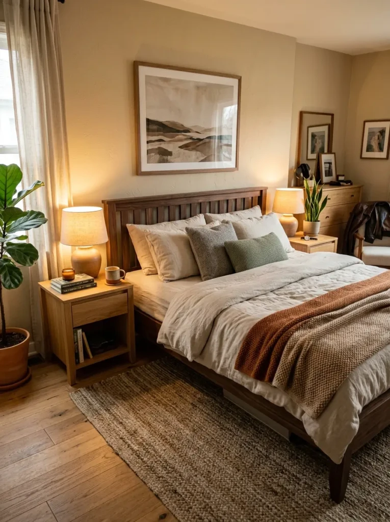 A warm and inviting bedroom featuring wooden furniture, neutral bedding, and soft lighting that creates a timeless and cozy masculine space.