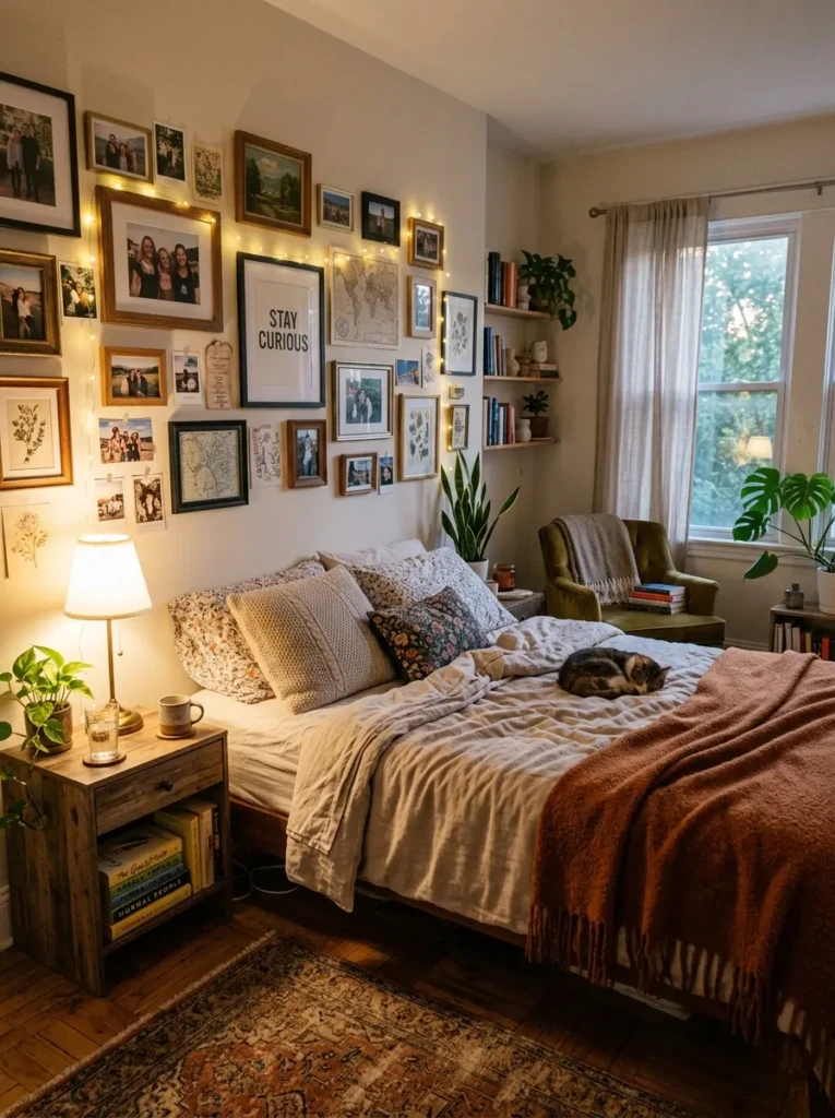 Bedroom decorated with framed photos, books, and personal items creating a warm lived-in feel