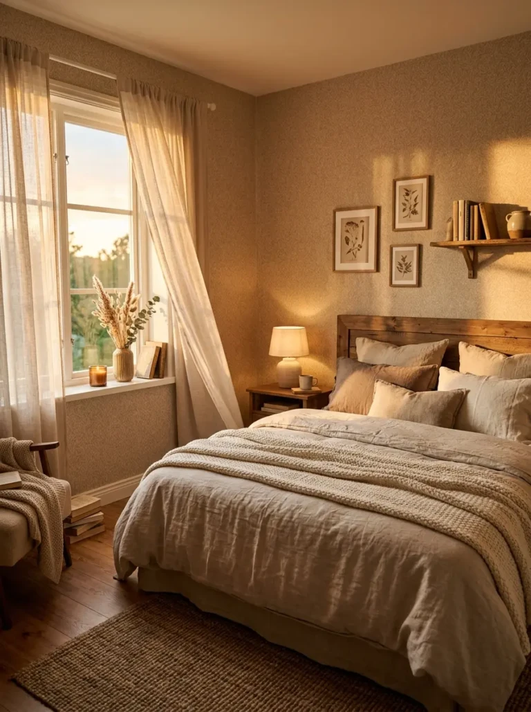 A cozy bedroom with warm lighting, soft bedding, and textured wallpaper creating a calm and inviting atmosphere