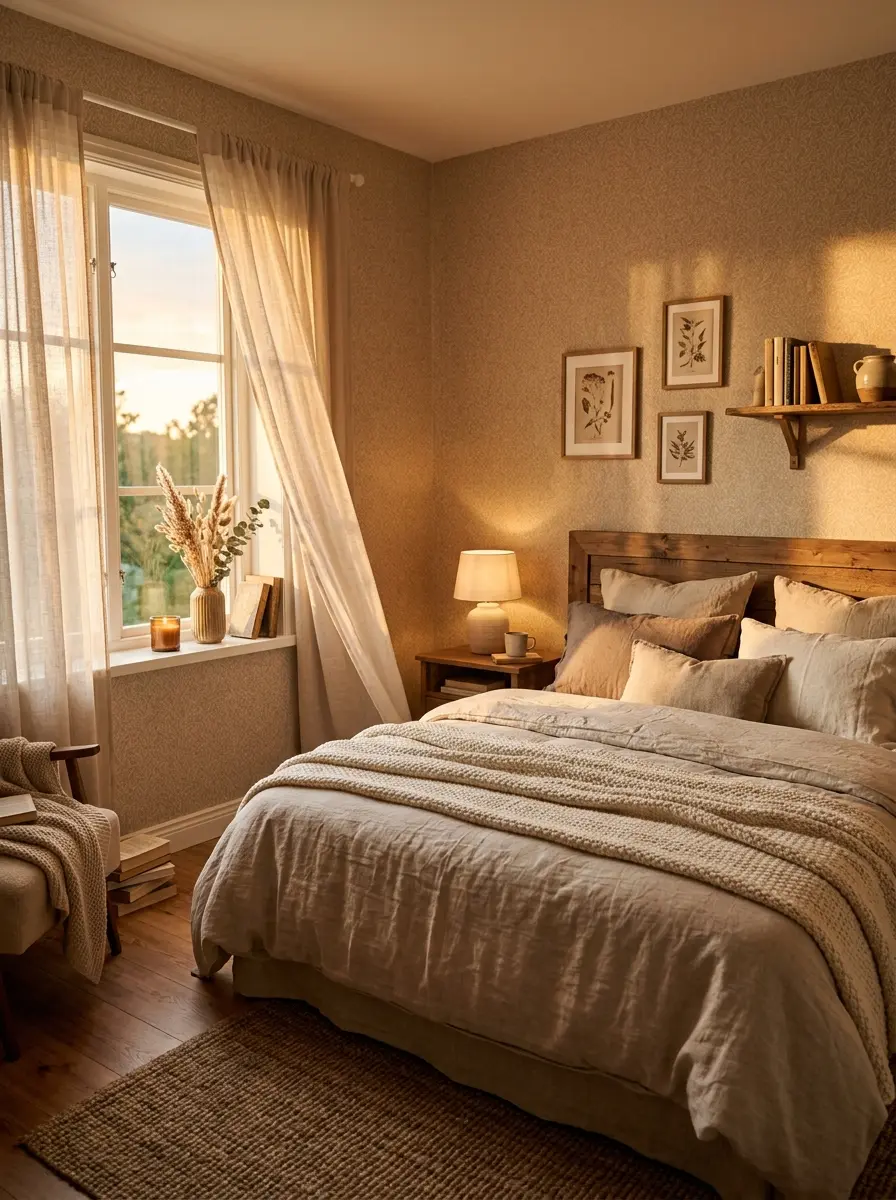 A cozy bedroom with warm lighting, soft bedding, and textured wallpaper creating a calm and inviting atmosphere