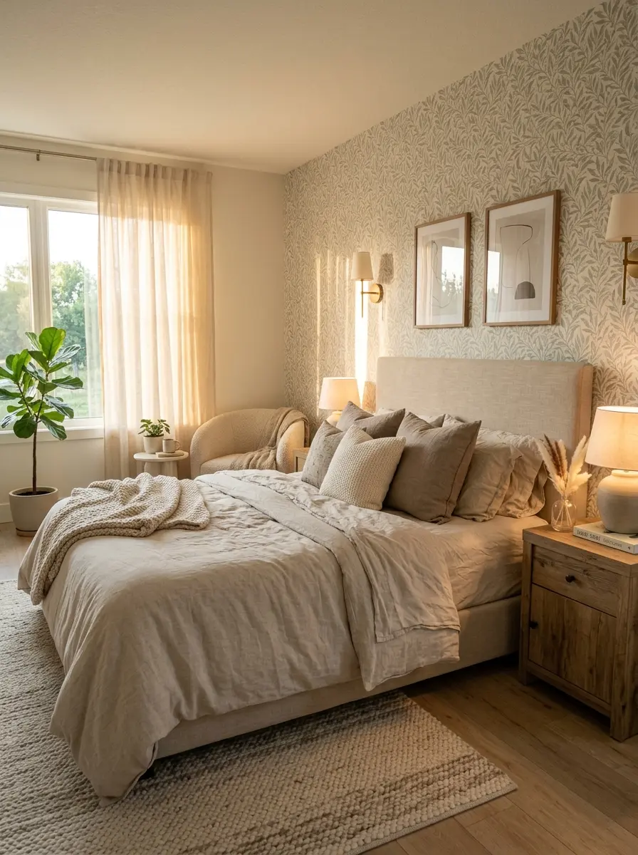 A calm bedroom with soft sunlight, textured bedding, and elegant wallpaper creating a cozy and inviting atmosphere.