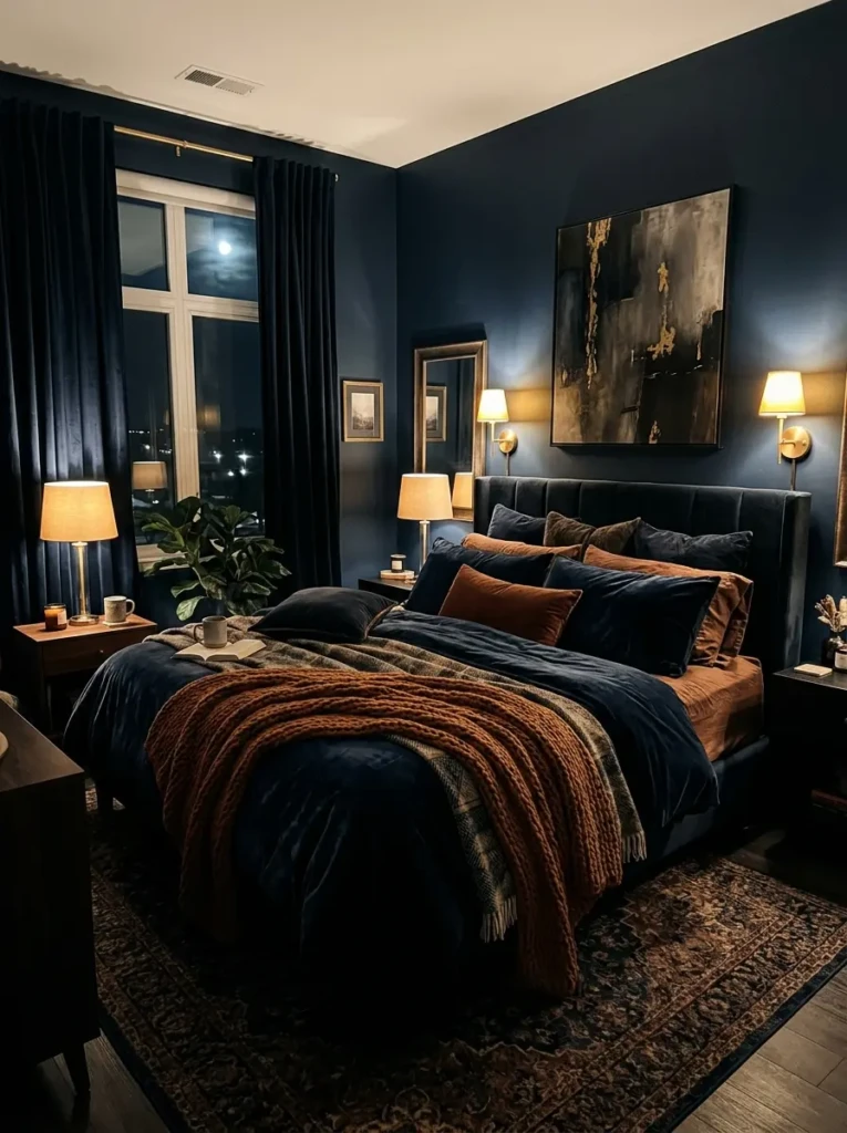 A king size bed in a dark bedroom with navy walls, warm lighting, and rich textured fabrics creating a cozy and intimate atmosphere