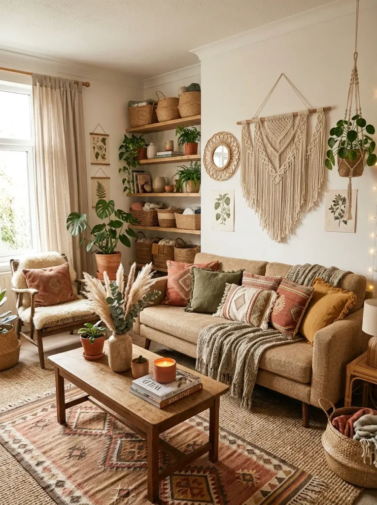 A boho-inspired living room with woven baskets, macrame wall decor, wood furniture, and terracotta accents.