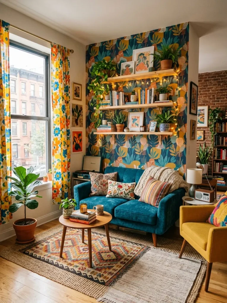 Apartment living room with peel-and-stick wallpaper, bright curtains, layered rugs, floating shelves, and stylish compact furniture.
