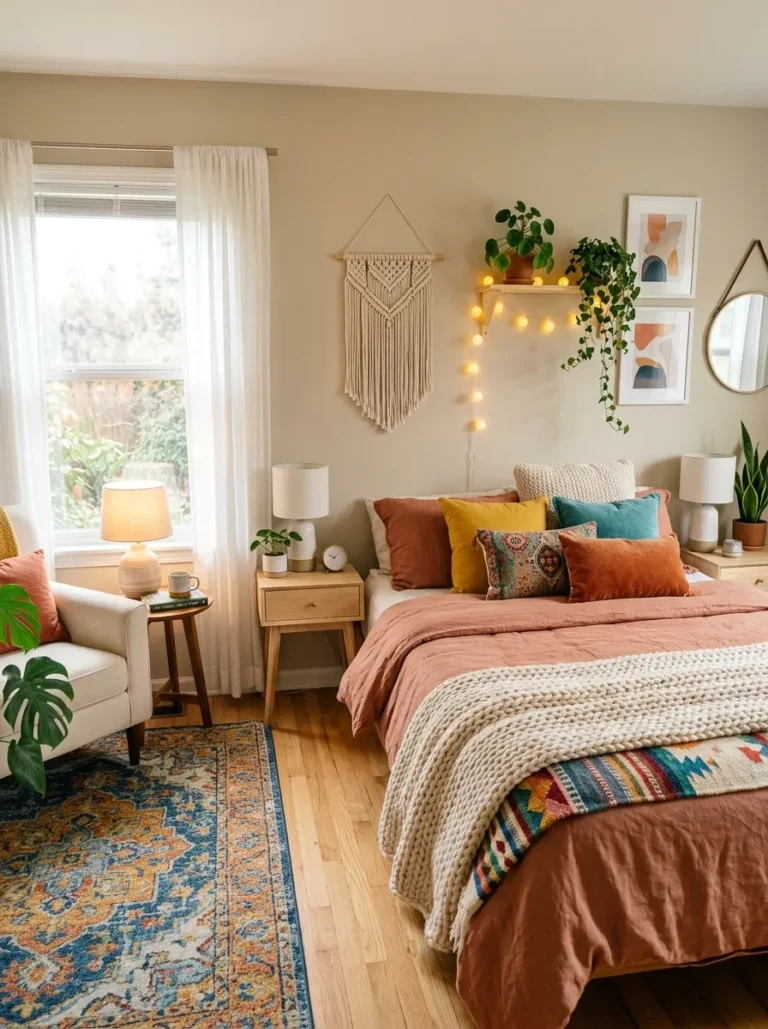 A cozy color full bedroom with soft lighting, warm textures, and vibrant accents creating a calm and inviting atmosphere
