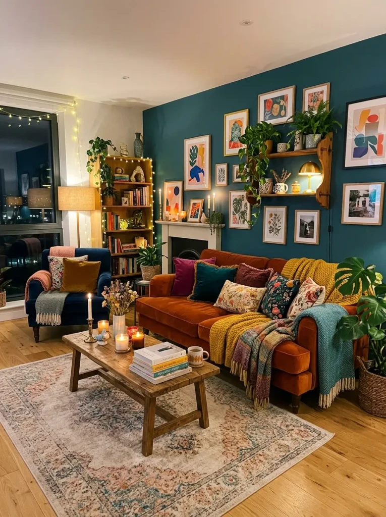A cozy colorful living room with layered blankets, velvet cushions, warm lighting, textured rug, colorful art, books, and cheerful decor accents.
