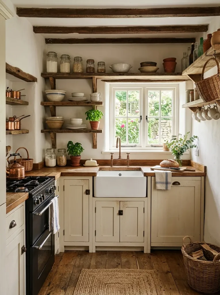 A warm and inviting small cottage kitchen in farmhouse style with rustic shelves, apron sink, woven baskets, and natural light.
