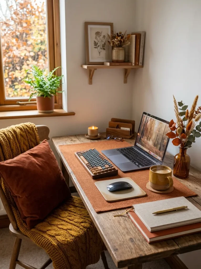 A fall-inspired desk setup featuring a fabric desk mat and a knitted throw in warm tones like rust and mustard.