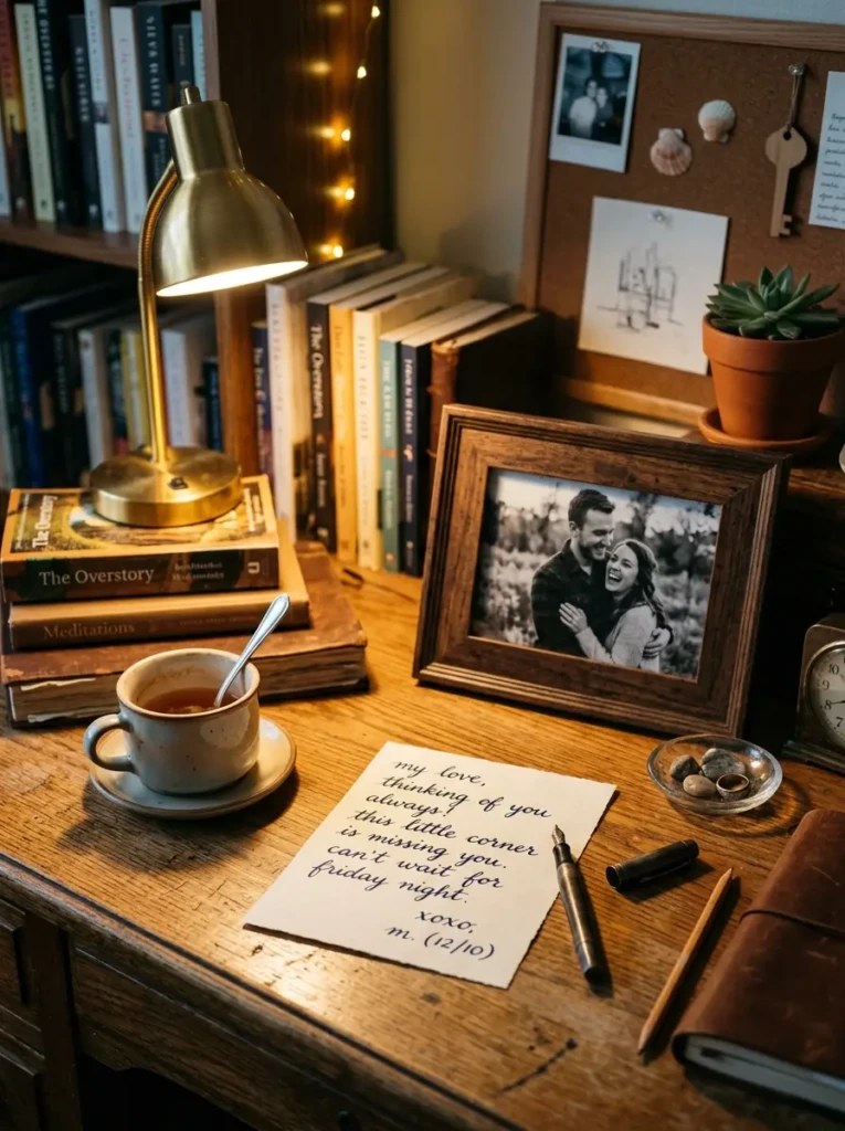 A warm fall desk setup with a framed photo, handwritten note, and meaningful decorative items.