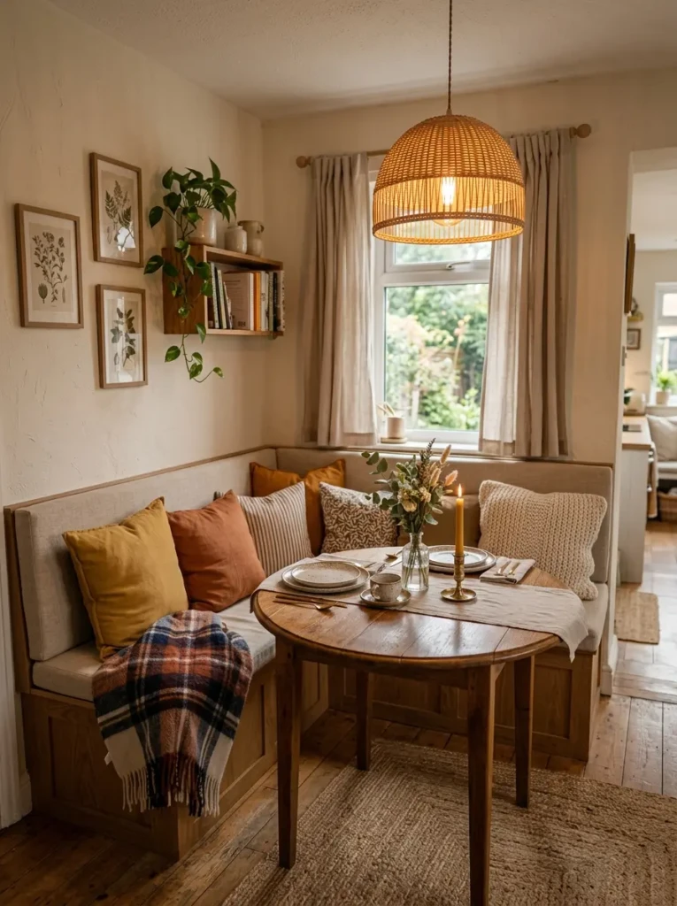 A compact dining corner with bench seating, cushions, round table, and warm lighting creating an intimate and cozy dining space