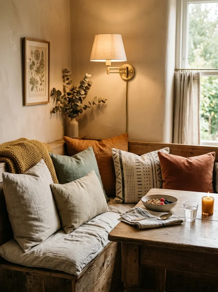 Close-up of a cozy dining nook with layered pillows, soft textures, and warm ambient lighting.