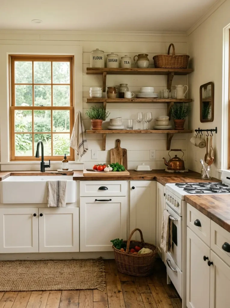 A cozy small farmhouse kitchen with white cabinets, butcher block counters, open wooden shelves, and warm rustic decor.