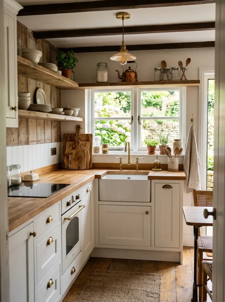 Small farmhouse kitchen with white shaker cabinets, wooden shelves, brass hardware, and cozy rustic styling in a compact layout.