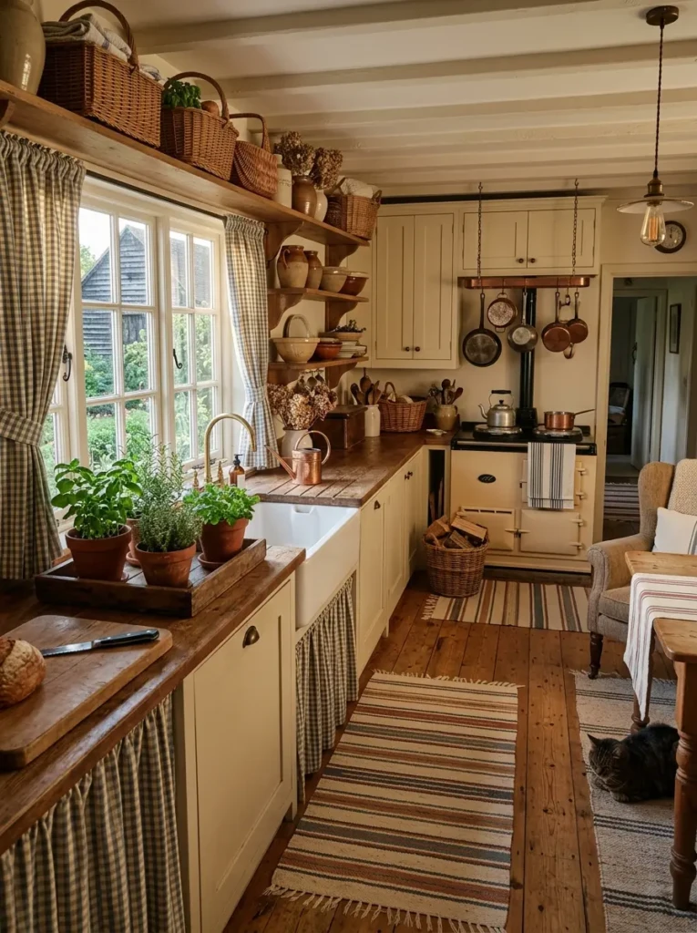 Cozy farmhouse kitchen with striped runner rug, woven baskets, and clay herb pots.