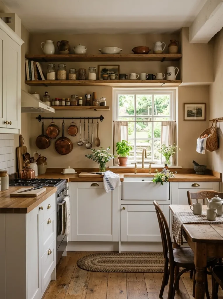 Cozy farmhouse kitchen ideas for small spaces with white cabinets, wood shelves, and compact rustic layout.