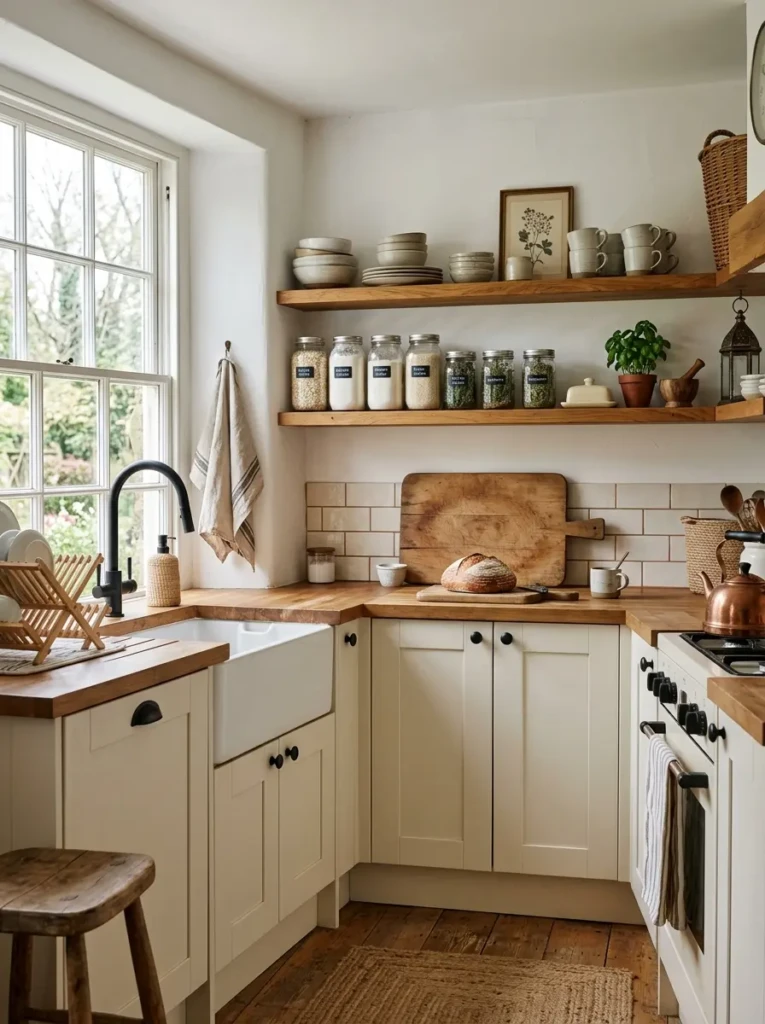 A small farmhouse kitchen with warm neutral colors, wooden shelves, white cabinets, and rustic decor accents.