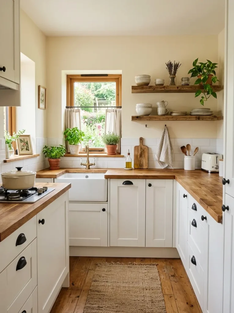 Small farmhouse kitchen with white shaker cabinets, wooden countertops, black handles, and warm neutral walls.
