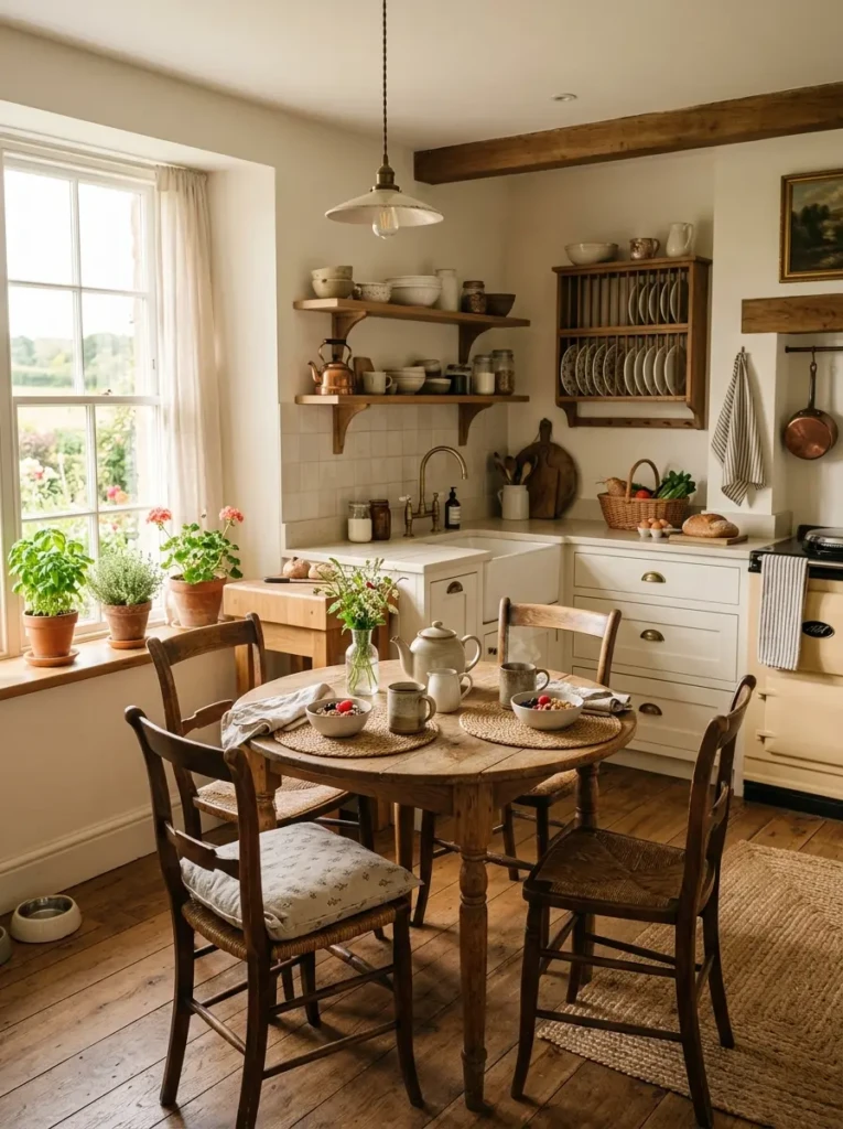 A cozy farmhouse kitchen with a small round wooden table, white cabinets, warm sunlight, and neutral rustic decor.