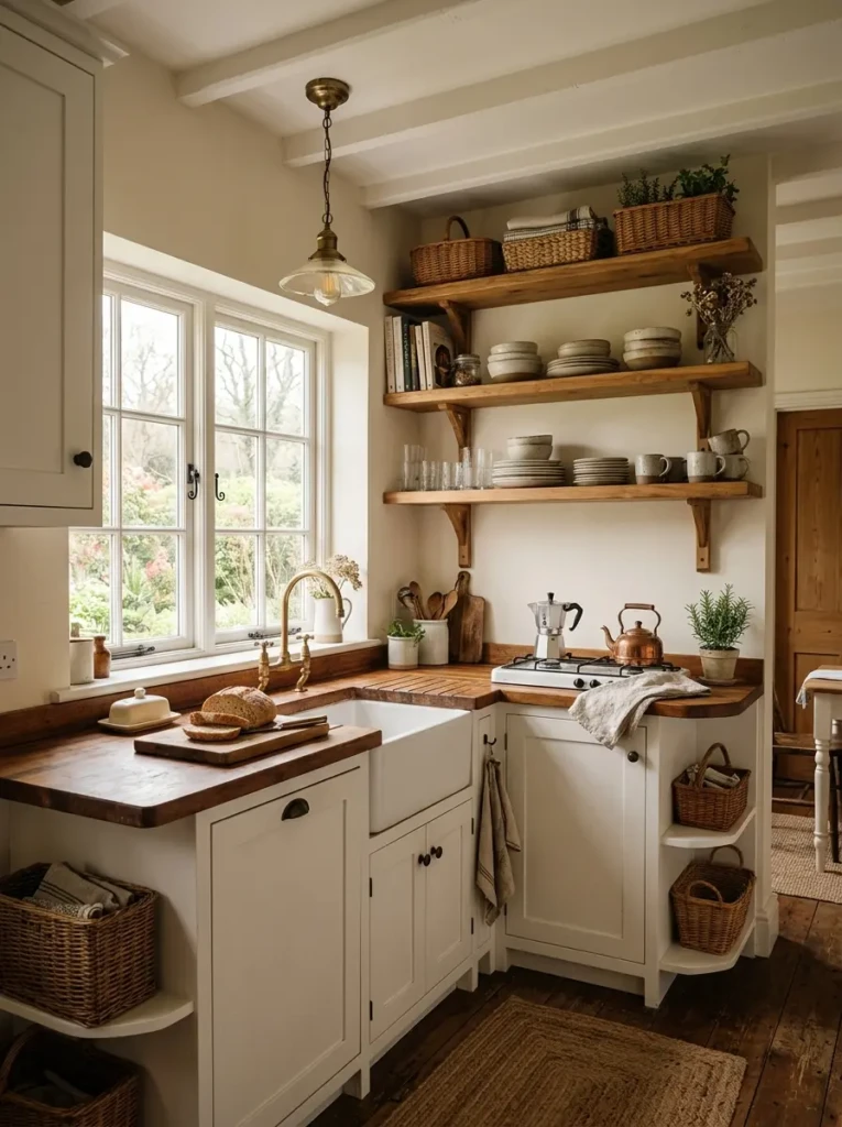 A cozy small farmhouse kitchen with white cabinets, wood shelves, butcher block countertops, and rustic decor in soft natural light.