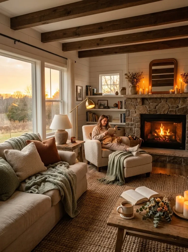 Cozy modern farmhouse living room with sage blankets, oversized cushions, candles, textured rug, and warm evening fireplace glow.