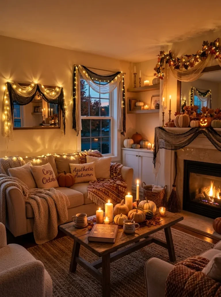 A cozy living room decorated for Halloween with warm candlelight, soft gauze fabric, neutral pumpkins, and glowing fairy lights creating a dreamy atmosphere