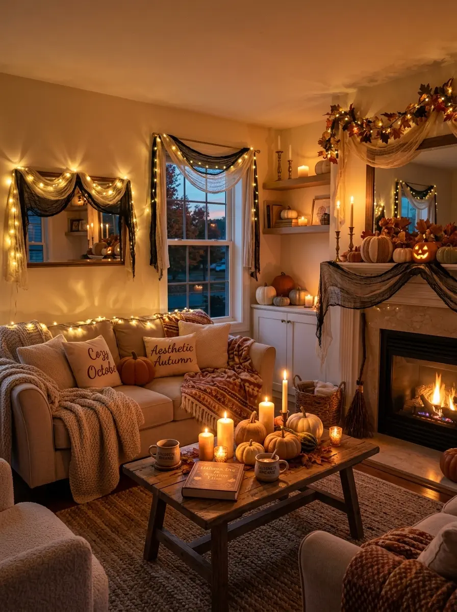A cozy living room decorated for Halloween with warm candlelight, soft gauze fabric, neutral pumpkins, and glowing fairy lights creating a dreamy atmosphere