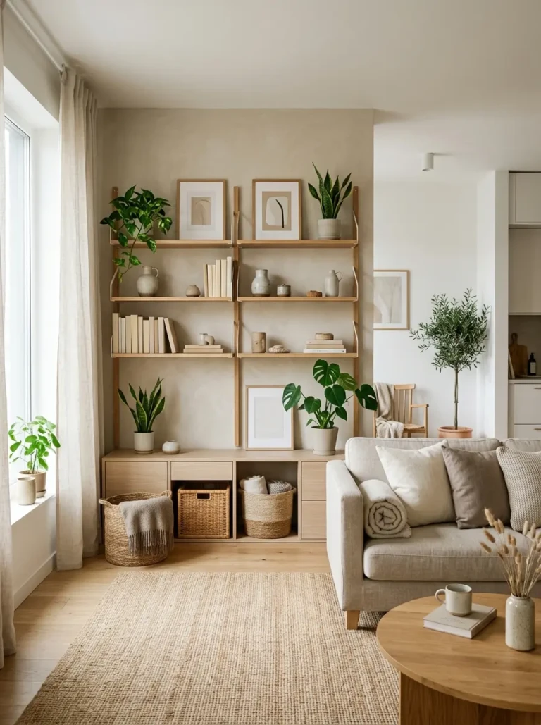 A calm and inviting home interior with organized shelves, soft lighting, and a clutter-free, cozy atmosphere.