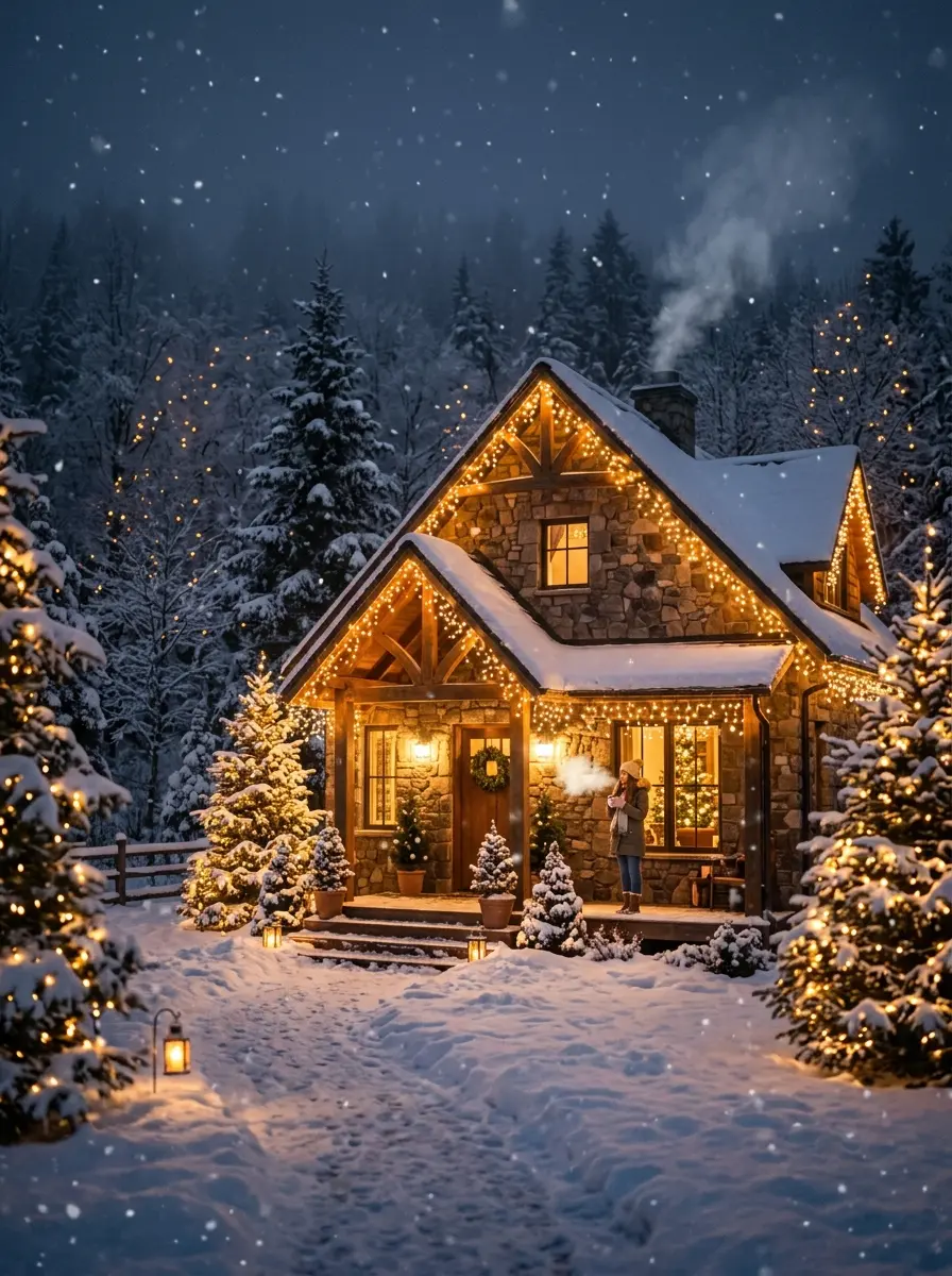 A cozy home glowing with outdoor Christmas lights on a crisp winter evening, creating a warm and magical holiday atmosphere