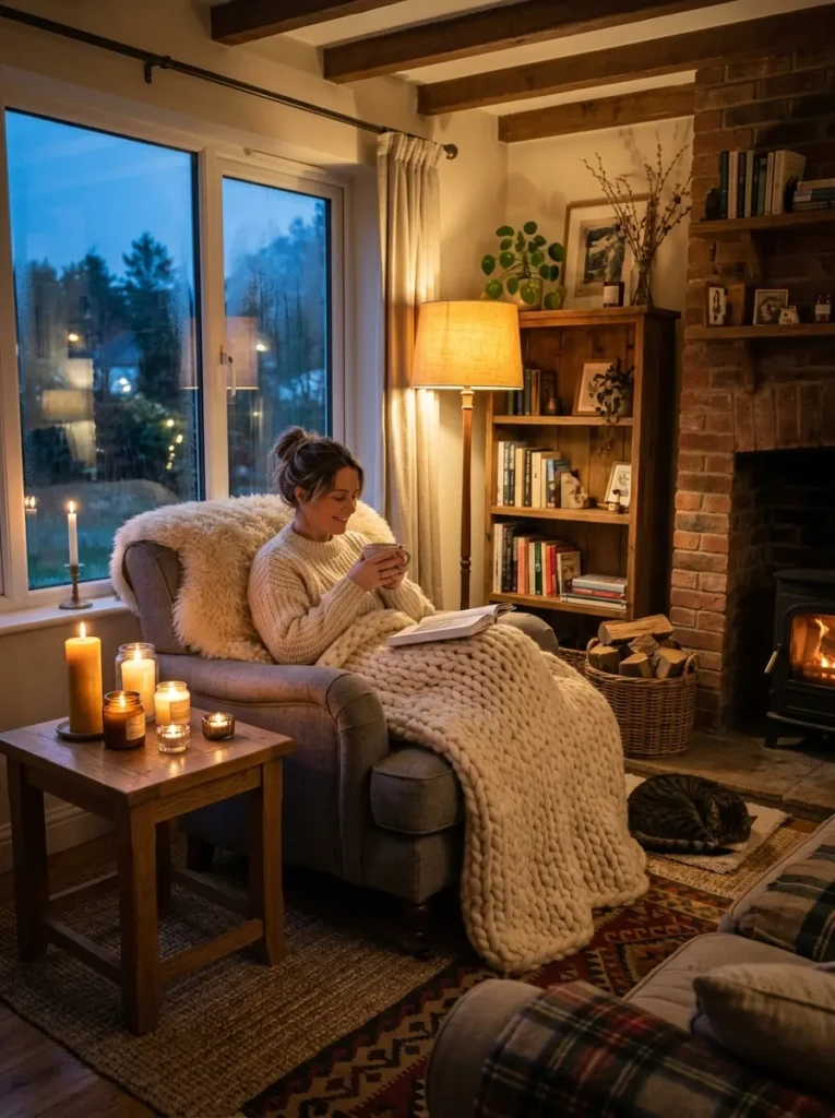 Warm hygge corner with armchair, candlelight, knit blankets, sheepskin, and soft ambient Nordic lighting.