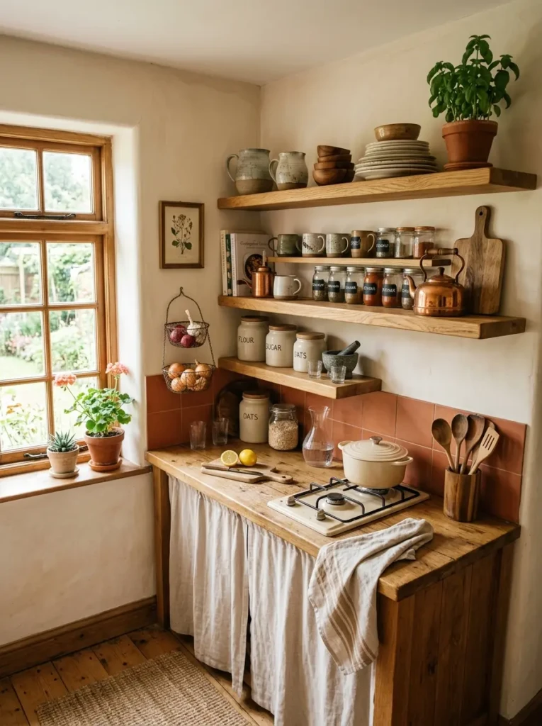 A compact kitchen corner using open shelves to maximize space with warm styling.
