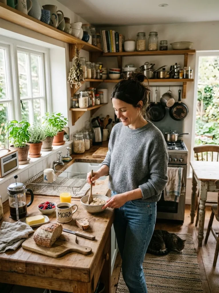 Cozy naturally styled small U-shaped farmhouse kitchen with soft morning light and personal decor touches.