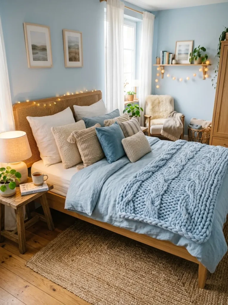 Light blue bedroom styled with chunky knit blankets, linen bedding, woven rug, and soft cushions for a warm and inviting feel