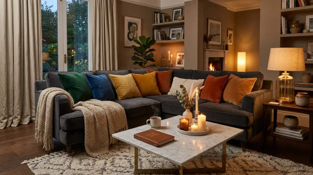 Cozy elegant living room with velvet pillows, wool rug, marble table, candles, and soft layered lighting.
