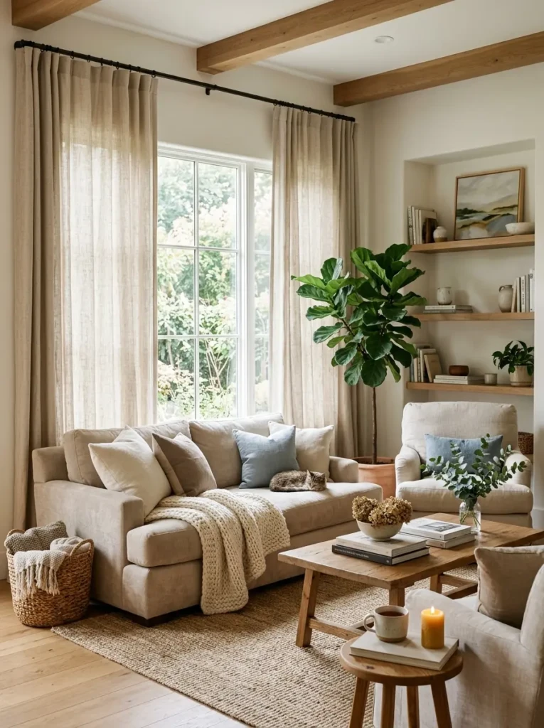 A bright cozy living room with floor-length linen curtains and soft filtered daylight.