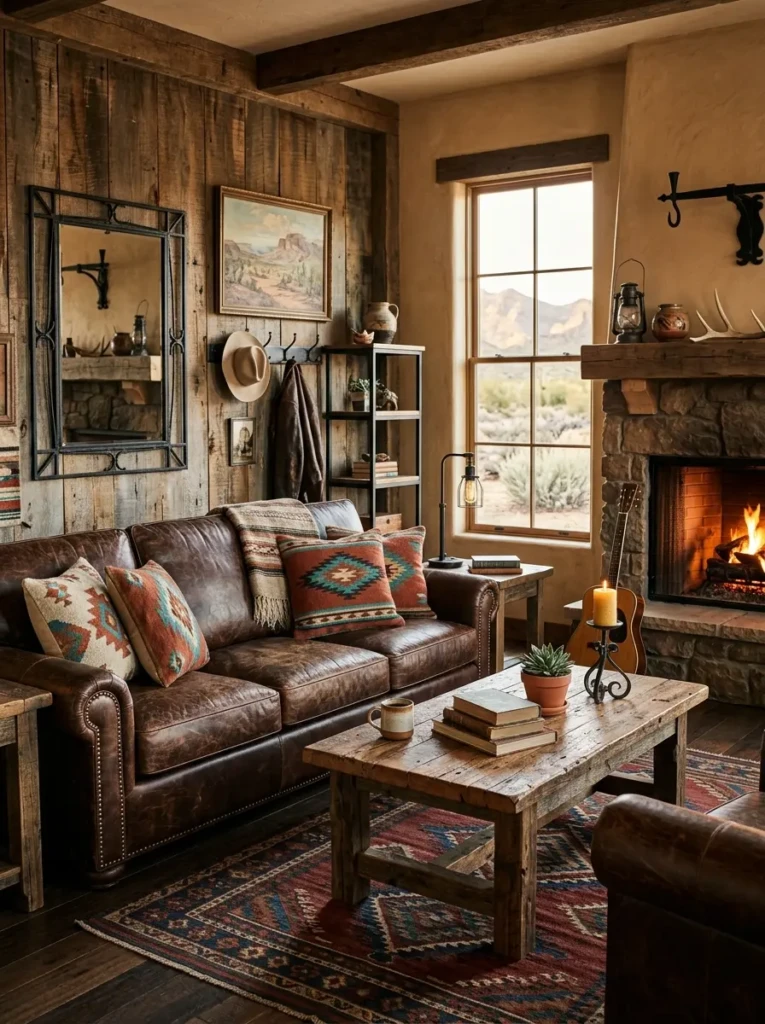 A western-style cozy living room with leather sofa, reclaimed wood furniture, and southwestern cushions.